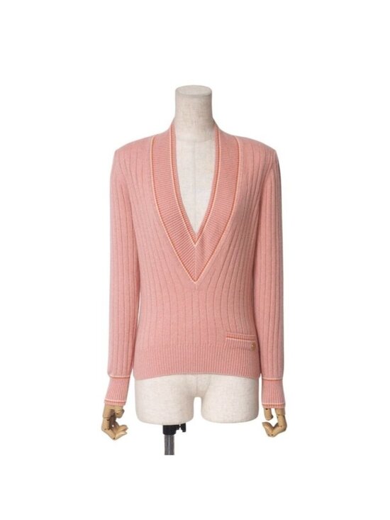 Chanel Sweaters - Chanel Knit 01 P CC Logo Coco Mark All Cashmere Sweater V-neck Pink
